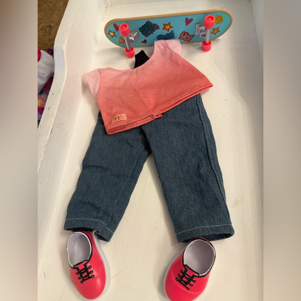 Pink and Blue Doll Outfit with Skateboard